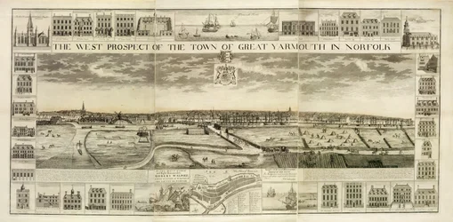 La Vista Oeste de la Ciudad de Great Yarmouth en Norfolk, grabado por John Harris (fl.1686-1740)